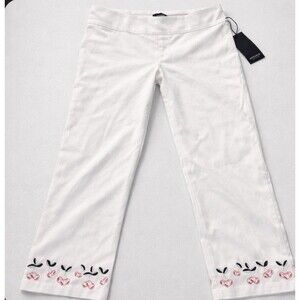 Jones New York Women's White Cherry Embroidery Slim Fit Pull On Ankle Pants Sz 4